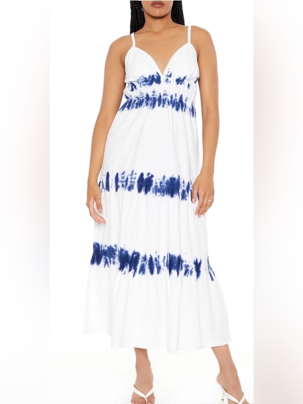 Forever 21 White Tie Dye Tiered Cotton Maxi Dress NWT Smocked Waist 100% Cotton